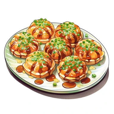 a plate of golden-brown takoyaki balls clipart topped with takoyaki sauce, mayonnaise, bonito flakes, and green onions, white background vibrant watercolour, hight detail, 32K, HD