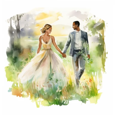 Athletic Caucasian bride and African groom, walking hand in hand through a sunlit meadow, radiant and blissful, watercolor, Pixar style, Clipart on a white background.