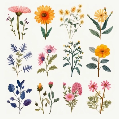 Dear Midjourney bot AI, I kindly request your artistic expertise in creating a captivating collection of wild flower clipart designs. For this project, I would like each design to be separate from the others, showcasing the unique beauty of individual wild flowers. Please focus on capturing the intricate details and vibrant colors of various wild flower species. I envision the clipart designs to be versatile and easily adaptable, suitable for a range of creative projects such as invitations, sta