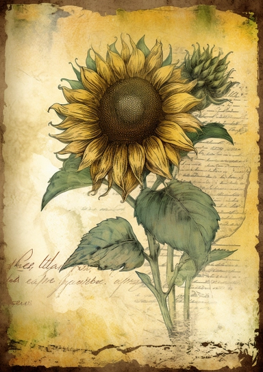 Old paper texture background, ATC card with a sunflower clipart in the center of the paper in watercolor style