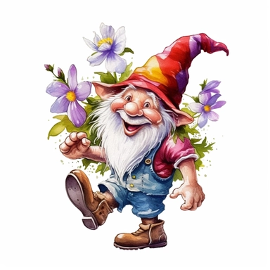 the most cute whimsical cartoon gnome, with hat over eyes, wearing a summer flowers hat and poulaines shoes, hands in his pockets, running, clipart, white background with margins