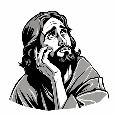 cartoon jesus contemplating, clipart, black and white
