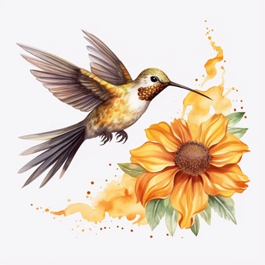 Cute Beautiful Fairy Hummingbird Yellow Flowers Watercolor Clipart, Cartoon, Hyper Realistic, Intricate Details, Illustration Style, High Resolution, On White Background