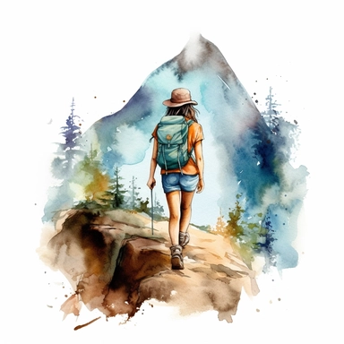 watercolor hiking girl on mountain clipart, isolated on white background