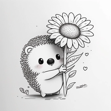 Happy cute cartoon hedgehog hugs a flower, white background, anime style, incredibly detailed , thick outline , Create a sketch of a black and white  Cute and adorable cartoon it , fantasy, dreamlike, surrealism, super cute, trending on artstation design,