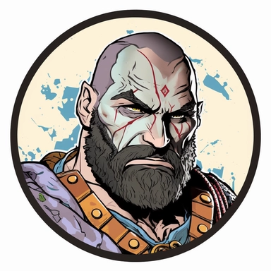elderly half-orc badass Dave Bautista cleric, Dungeons & Dragons Pathfinder, handpainted enamel, clipart illustration, circle white background, circular celestial border