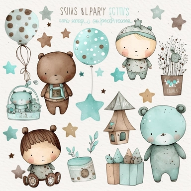watercolor clipart, separated elements, toys in a watercolor, multiple elements, in the style of the stars art group (xing xing), light turquoise and dark brown, whimsical collors scheme, free brushwork, transparent/translucent medium, dao trong le, sopheap pich, children's book illustrations, aquarellist, super cute kawaii illustrations