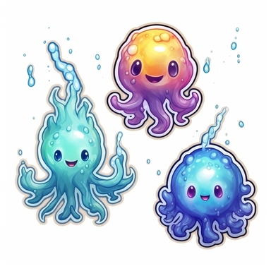 3 stickers with white background and border, emoji clipart as cute water elementals, high res, iridescent, some bioluminescent