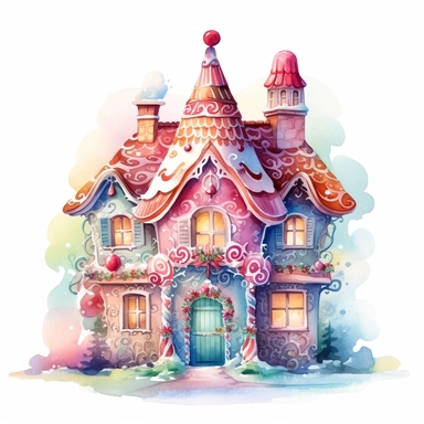 watercolor beautiful vintage Christmas gingerbread house candy house with icing fantasy clipart, whimsical, detailed watercolor style, on white background