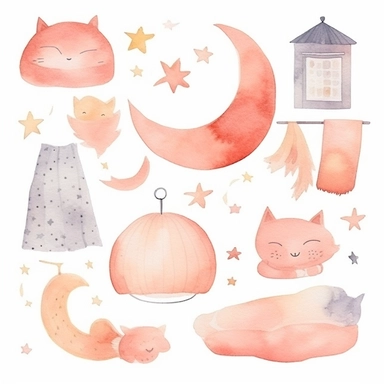 watercolor clipart of cute sweet dreams decor set, half moon sleeping, cute objects, soft watercolor, watercolor paper texture, no background. clear simple shapes.Adorable. High quality