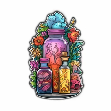 Witchy Apothecary Clipart, Wiccan Spell Bottle Cabinet, Magic, Mystical Floral, Witchcraft, Pagan, rainbow, pastels, bright colors, vivid colors, 4k, sticker