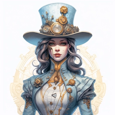 Solid white background. Waist-up depiction of a compelling steampunk woman with a magnetic gaze, looking directly at the viewer. Her skin is a beautiful white hue. She's wearing pastel blue and gold attire, featuring Victorian-inspired silhouettes and steampunk mechanical motifs. Her steampunk hat, adorned with built-in goggles, adds an industrial touch to her look. No steampunk details are in the background. Pastel clipart, hyper-realistic, retro-futurism, solid white background