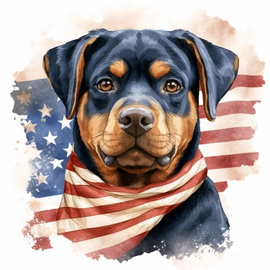 watercolor clipart illustration of a rottweiler wearing a bandana, red white and blue, hand painted details, clean and simple designs, solid background color, spaced out
