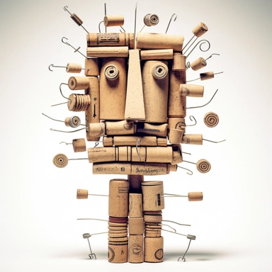 raw minimalist African indian totem made of corks, capsules, paper clips, wire, rubber bands, tickets, cardboard, cans, sticks, toothpicks, nuts, springs