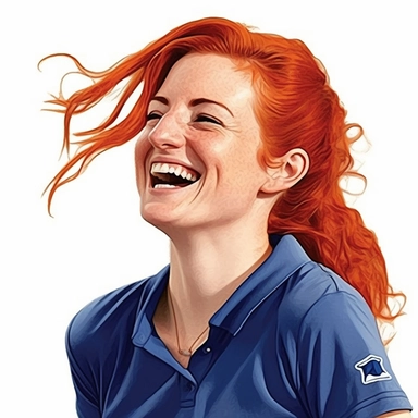photo-realistic waist level view of beautiful and physically fit Scottish American woman, age 25, wearing a very stunning royal blue polo shirt, beautiful red hair, laughing at a very funny joke, waist view on white background for vector clipart