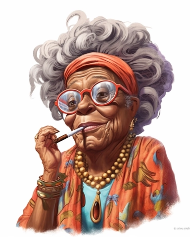 laughing funny Comic Book style Sassy hip African American Boho chic Grandma with rope style dreadlocks puff puff pass Smoking a cuban cigar with smoke on the end tip og cigar clipart