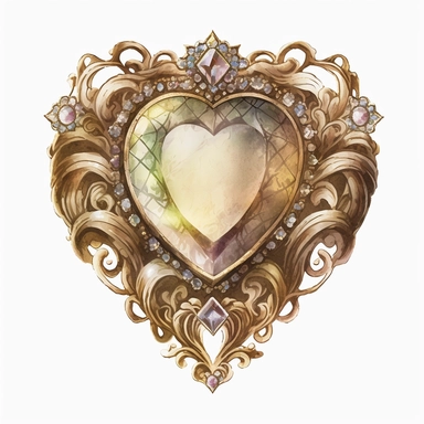 Gold Jewel Brooch with big clear diamond faceted heart shaped Gemstone, watercolour painting, detailed, intricate, white background, clipart