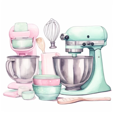 watercolor kitchen tools clipart, fiestaware, mint colored stand mixer, baking tools, pastel pink, pastel blue, pastel green s 1000