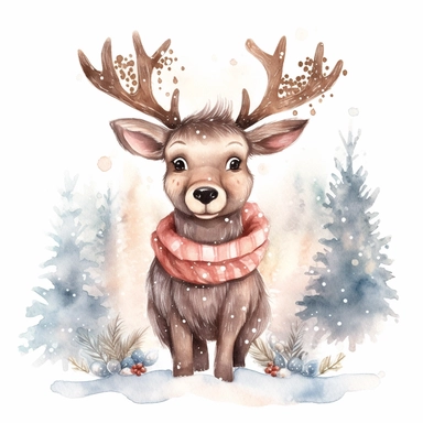 watercolor clipart of a cute reindeer, sparkles, cosy winter wonderland vibes, isolated on white background