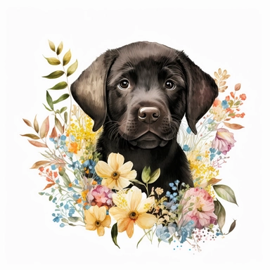 Cute Baby animal Labrador Retriever - A friendly and loyal breed that is great with families and loves to play. Floral, Summer Flower, Spring Flowers, illustration ,clipart, isolated on white background