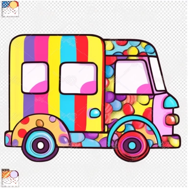 a colorful cartoon truck with a rainbow color, the vehicle with the ice cream logo png clipart, in the style of patchwork patterns, pencil sketch, light purple and red, uhd image, striped painting, geometry-inspired, sketch-like