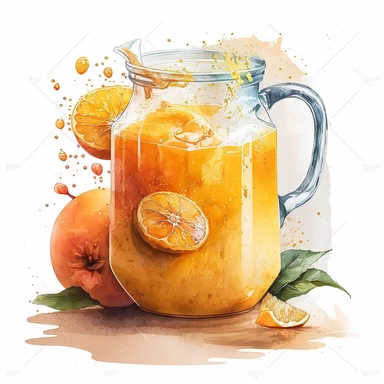 orange fruit in a glass jug full of juice watercolour clipart