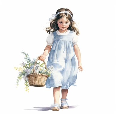 watercolor, hyper realistic, white background, white margins, 16k, ultra detailed clipart, cut out image, hand-drawn a female in a dress with flowers and basket in front of her, in the style of dark white and light blue, children's book illustrations, soft watercolours, pictorial fabrics, light emerald and light brown, light white and light blue, magical, backview