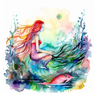 A watercolor clipart of a mermaid with long flowing hair, with petals all around, sitting on a rock in the ocean, vibrant colors birds background hope wishfulness luck positive energy breathtaking image Intricate details insanely defined