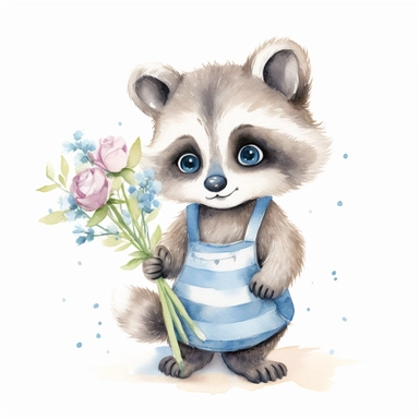 a pastel baby raccoon with kind eyes clipart with watercolor illustration,full body shot,8k,etsy style, white background
