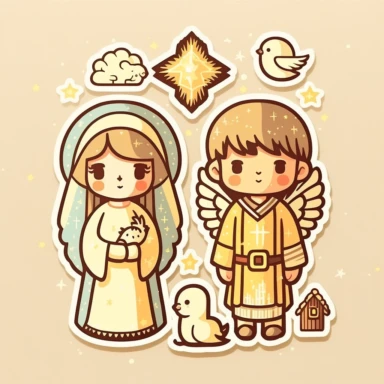 vector sticker design, anime style Christmas nativity clipart, white background, flat colors