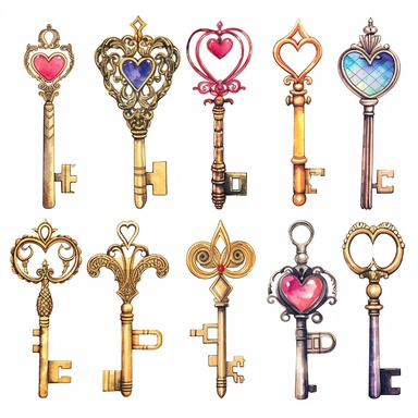 assorted gold keys inspired by Alice in wonderland watercolor illustration, design elements isolated on white background, vintage clip art - Image #4 <@1098423716465102849>