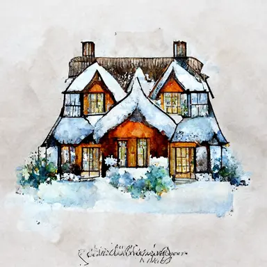 christmas, cute English country cottage, symmetrical, winter, snow, watercolor, clipart