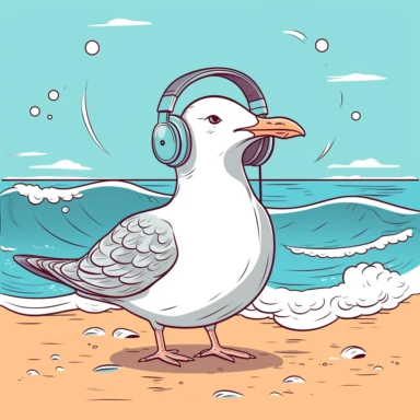 whimsical clipart seagull on the beach wearing headphones listening to music, eyes closed, isolated white background, contour, minimalist
