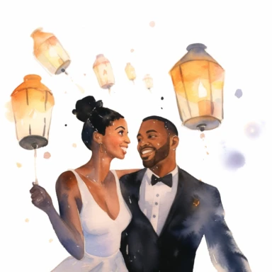 closeup photo of wedding couple in watercolor, Ebony-skinned couple releasing floating lanterns, lighting up the night sky, watercolor, Pixar style, Clipart on a white background