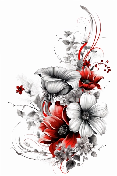 flower corner freebie floral border clipart, in the style of black and white realism, red and gray, uhd image, tattoo, monochromatic paintings, contemporary fairy tale, eye-catching detail