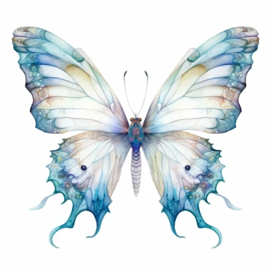 A captivating butterfly with wings shimmering like a mermaid's tail clipart, white background, watercolor drawing