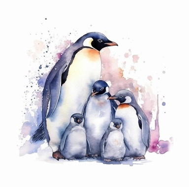 Watercolor clipart consist a group of penguins huddled closely together for warmth, highlighting their unique social behavior. The time set is at sunset Produce very high detailed image, Produce very high quality image, The penguin proportion is same as real emperor penguin, Left some white empty space around the image frame,