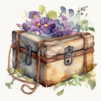 watercolor clipart of beautiful pastel old metal box wrapped with cord and purple flower ornaments ornament, vintage styl