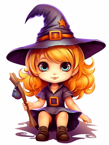 Little cute cartoon witch as clipart on white background