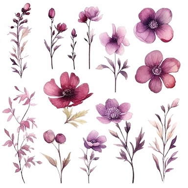 beautiful dainty burgundy flowers, mauve, boho watercolor clipart, solid white background, hard edges, smooth