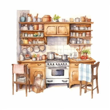 watercolor clipart, small vintage country kitchen unit in decent light colors, white background, view from front, high quality, highly detailed, sharpness
