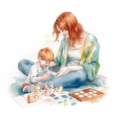 watercolor art of a mother and child playing board games together, with a heart or other decorative element in the background, clipart, white background, 8k