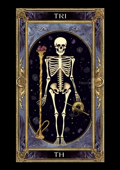 Realistic watercolor clip art of the tarot card Death, black background, purplish gold frame, ultra sharp