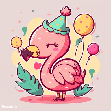 Flamingo kawaii birthday, cartoon, vector, sharp focus, super detailed, illustration, 16:9, v4, q2, 16k, High quality, clipart