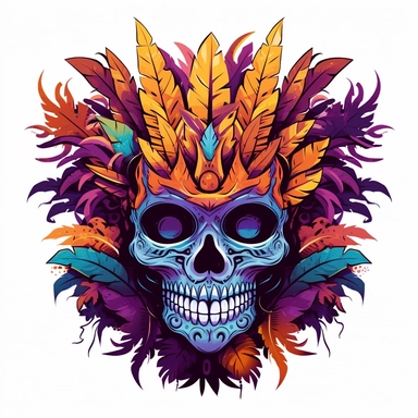 isolated flat clipart on a white background of a spooky day of dead themed voodoo mask tshirt design graphic, in the style of daniel f. gerhartz, transcendent, nikon d850, art of burma, captures the essence of nature, in the style of organic forms and patterns, expansive skies, hyper-detailed illustrations, i can't believe how beautiful this is, lively colors