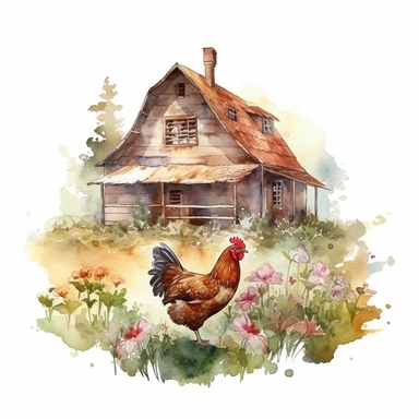 Small Farm house for Chicken Sitting over leaves and Flowers Surrounded,Isolated,Watercolor Clipart,White Background