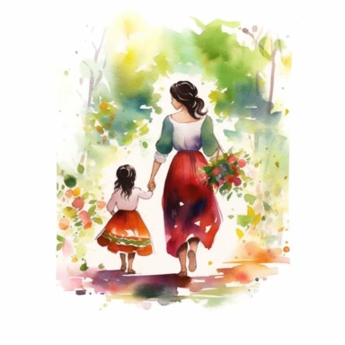 Watercolour illustration, A beautifu mexican Mom and Me Watercolor, Clipart, High Res, Mother's Day, Mother's Love, waterpaint, fresh colors, happy, white backgroundm, simplified Art Nouveau, walking, enchanted forest, front to camera, version 4 style, high detailed, sharp