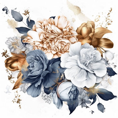a clipart of a dim photorealistic silver and bronze pen outline of watercolor illustration of peonies and roses and lilies and carnations and small flowers and leaves floating in air on a white background, bright photo studio lighting, primarily colors are many shades of white and bronze and gold and navy blue and light pink, 4k, super detailed high definition, moody and pretty,