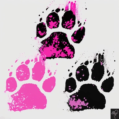 Design a sequence of panda paw prints clipart using only the colours neon pink, black, and white, traversing across a plain white background, from left to right. The paw prints should exhibit a beautiful watercolor style, with the edges in a vibrant neon pink that subtly transitions into soft white towards the center, enhanced with slight black accents.