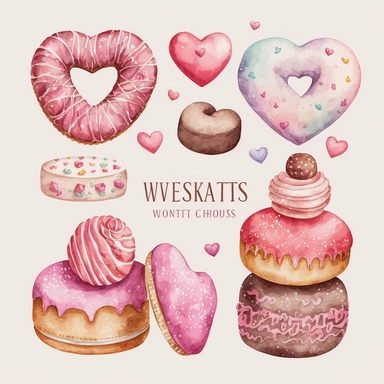 Valentine's day watercolor clipart. Pink sweets cookies. Cute love candy heart. Donuts, Cupcake, macarons, marshmello, chocolate PNG transparent background, png, high detail, I MAK 8k